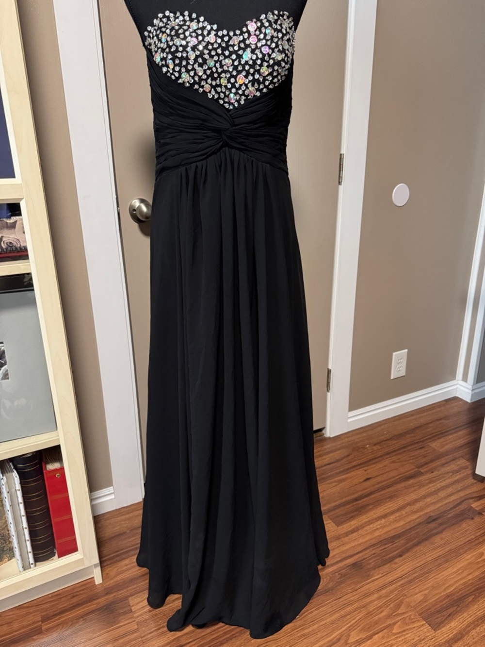 Black Strapless Evening Gown with Crystal-Embellished Sweetheart Bodice